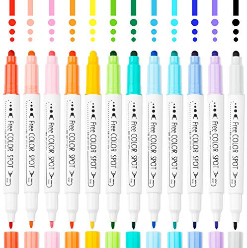 NiArt Marcadores DOT de doble punta de 12 colores, punta redonda, punta fina y de fibra para arte, colorear, diario, letras a mano, bocetos, anime e ilustración, doble extremo, se puede trabajar de
