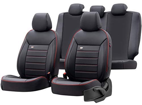 Universelle Voll-Leder Sitzbezüge 'Premium' Schwarz + Rotes Rand - 11-Teilig- - kompatibel mit Side-Airbags