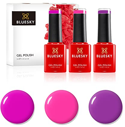 Bluesky Smalto semipermente per Unghie Kit in Gel, Party Pinks. Blackcurrant Neon13, Lollipop 63909, Cherise Neon06. 3 X 5Ml. (Soak off UV/LED Gel) Rosa, Viola - 15 ml