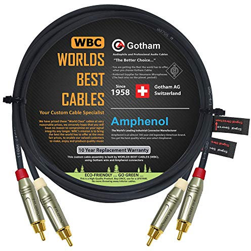 WORLDS BEST CABLES 1 Meter RCA Cable Pair - Gotham GAC-4/1 (Black) Star-Quad Balanced Audio Interconnect Cable with Amphenol ACPR Die-Cast, Gold Plated RCA Connectors - Directional