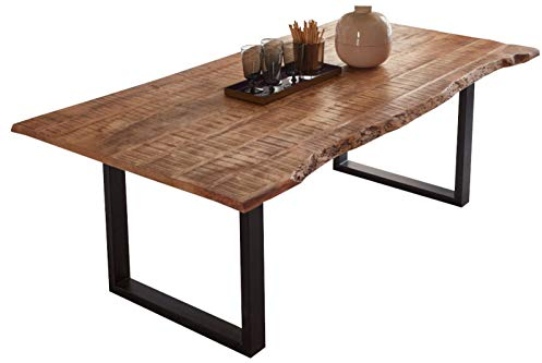 SAM Esstisch 160 x 85 cm Norina, Mangoholz massiv, lackiert & naturfarben, Baumkantentisch mit U-Metallgestell in Mattschwarz, echte Baumkante