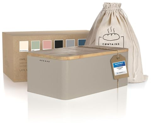 LARS NYSØM Bread Box I Metal bread box with linen bag for long lasting freshness I Baked goods Bin with bamboo lid usable as cutting board I 13.4x7.3x5.3In (Taupe Brown)