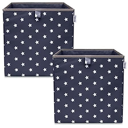 LIFENEY Aufbewahrungsbox 2er Set Sternenmotiv in Anthrazit, Spielzeugbox mit Sternen passend für Würfelregale, Ordnungsbox für das Kinderzimmer, Aufbewahrungskorb als Accessoire | 33x33x33 cm