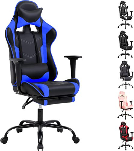 Sedia da gaming per PC, sedia da computer, massaggiante, in pelle PU, reclinabile, con supporto lombare, poggiatesta, schienale alto, sedia da ufficio, per videogiochi, sedia girevole per bambini o