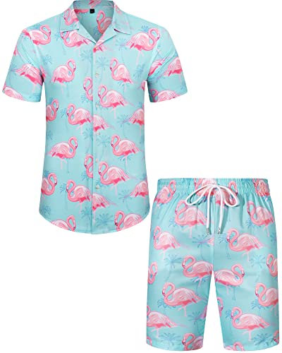 J.VER Herren Flamingos Hawaiihemden Casual Button Down Kurzarm Shirt Bedruckte Shorts Sommer Strand Tropische Hawaii Hemd Party Anzüge, Blau-rosa Flamingo, Large