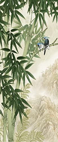 A.Monamour Sticker Porte Autocollant Poster De Porte 3D Oiseaux Sur Bambou Vert Dessin Fond De Paysage De Montagne Vinyle Affiche De Porte Sticker Mural Papier Peint Art Décor 77 x 200 cm