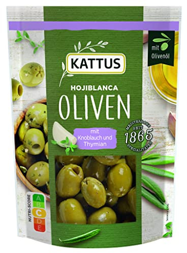 Kattus - Hojiblanca Oliven mit Thymian und Knoblauch | 120 g im Beutel | Grüne Oliven ohne Stein, im wiederverschließbaren Beutel