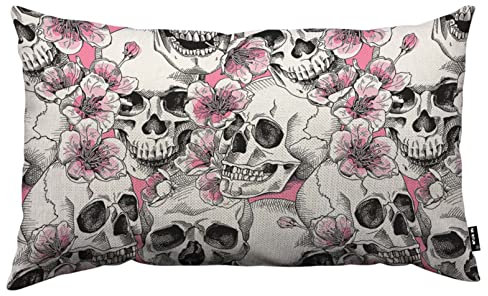 TKS MITLAN Kissenbezug mit Totenkopf und Blumen, 30,5 x 50,8 cm, rosa Kirsche, rustikale Leinen-Kissenbezüge, 30,5 x 50,8 cm, für Sofa, Couch, Dekoration