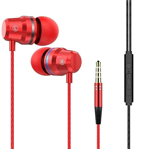 Hi-Res Extra Bass Noise Isolating In-Ear Headphones Earphones High Sensitivity Wired Earbuds with Microphone For iPhone, iPad, Samsung, Volume Control 3.5mm Jack Headphone Earphones (Red)