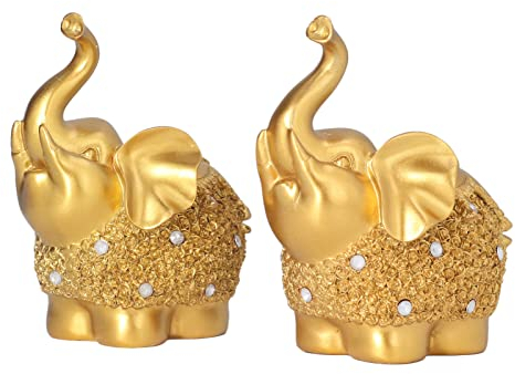 Buachois 1 Paar Deko Elefanten Figuren Gold 14cm Kleine Harz Feng Shui Elephant Statue Oriental Elefant Skulptur Reichtum Gluecksbringer Figur für Home Büro Dekoration