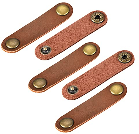 Sourcing Map Pack of 5 Leather Cable Straps Cord Organizer 63x16mm Portable Cable Leather Clips Light Brown Earphone Cord Management
