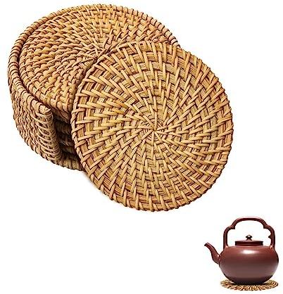 6 PCS Round Rattan Coasters Jagowa Round Cup Placemats Natural Woven Placemats and Coasters Heat Resistant for Kitchen Table Drinks