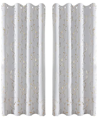 BUHUA Verdunklungsvorhänge Grau Weiß Goldfolie Wärmeisolierende Vorhänge mit Ösen Gardienen 2-Set H 245 x B 132 cm Gardinen Wohnzimmer & Schlafzimmer Thermovorhang Kälteschutz