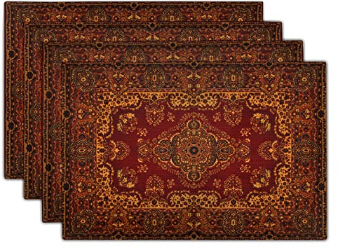 Rot Gold Boho Platzsets 4er Set Bohemian Vintage Retro Teppich Leinen Waschbar Küche Esstisch Matten Flecken Hitzebeständig Schreibtisch Dekor Platzsets für Zuhause Party Indoor 30,5 x 45,7 cm