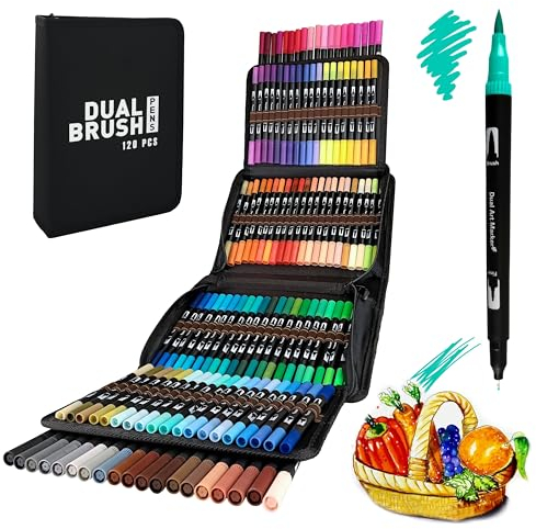 RAYLU PAPER - Doppelspitze für professionelle Lettering, Etui mit Filzstiften mit Pinselspitze und feiner Spitze zum Ausmalen von Zeichnungen und Kalligraphie (120 Stück)