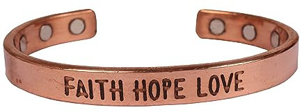 Touchstone Langlebiges hochwertiges reines Kupfer Folgen Sie dem Mantra „Faith Hope Love Message“ Inspirierendes Magnet armband in einem Naturton.