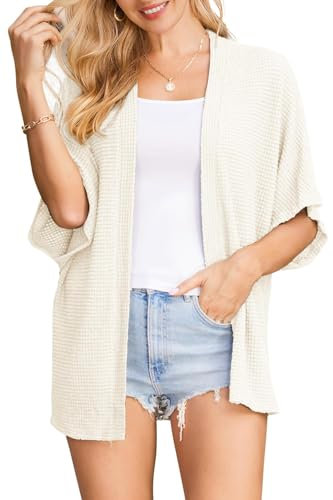 STYLEWORD Strickjacke Damen Weiß Kurzarm Sommer Cardigan Strand Cover Up Kimono Leichter Strickmantel,L