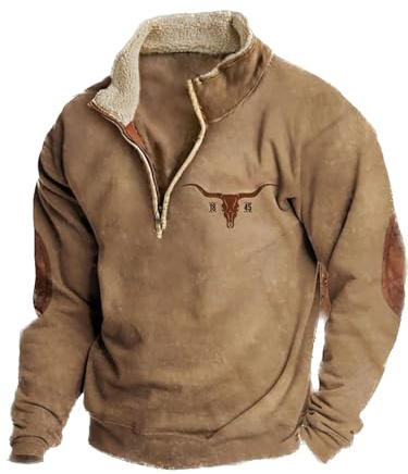 Dixacyer Felpe da uomo in pile western cowboy testa di toro stampa pullover top 1/4 zip colletto stand manica lunga giacche country