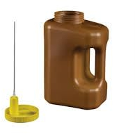 Recipiente para la recogida de orina en 24 h de polipropileno ámbar con sonda de aspiración, graduado, 3000 ml con mango ergonómico e indicador de llenado.