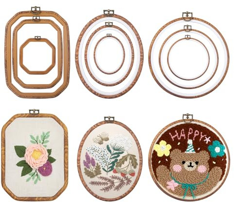 Stickrahmen-Set in Holzoptik, geeignet zum Aufhängen von bestickten Kunstwerken, mit runden ovalen, achteckigen und Kreuzstich-Reifen. Perfekt für Bastelarbeiten, Nähen und Heimdekoration