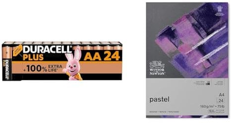 Duracell Plus AA Batteries (24 Pack) - Alkaline 1.5V - Up To 100% Extra Life - Reliability For Everyday Devices - 0% Plastic Packaging - LR6 MN1500 & Winsor & Newton Pastel Paper, Grey, A4