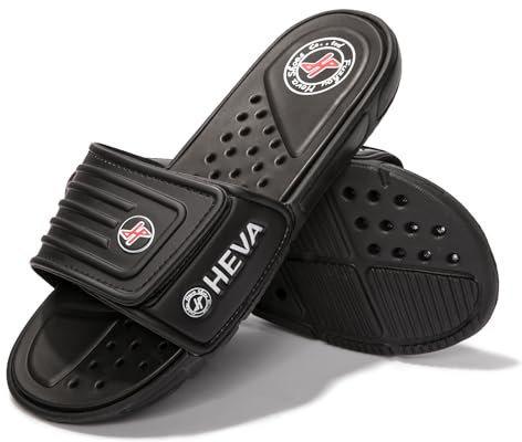 HEVA Men's Slide Sandals Fashion Open Toe Beach Pool Slippers (All Black, 9)