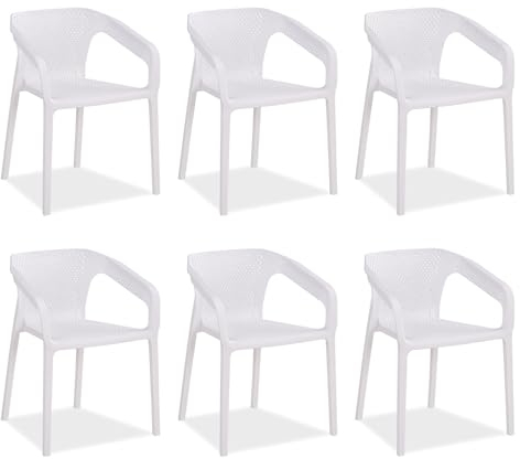 Homestyle4u Gartenstuhl Stapelbar Kunststoff Weiß 6er Set mit Armlehnen Wetterfest Gartenmöbel Stühle Modern
