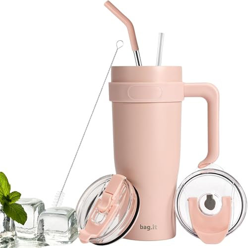 BAG.IT Travel Mug with Straw and Lid, Tumbler with Handle, Stainless Steel Travel Flask with Straws & Lids | Leak Proof Coffee Stanle Cup for Hot or Iced Drink (Pinky, 30 oz)
