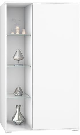 Vladon Vitrine Davos, Made in Germany, Standvitrine mit 3 Glasböden und 8 Fächer, Weiß matt/Weiß matt (71,5 x 134 x 35 cm)