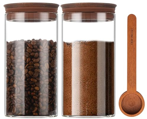 Vorratsdosen Glas mit Holz Deckel 2er Set, 1100ml Luftdicht Vorratsgläser mit Deckel und Schaufel für die Lagerung Kaffeebohnen, Weite Mund Vorratsglas für Kaffee Bar Veranstalter, Küchen Müsli