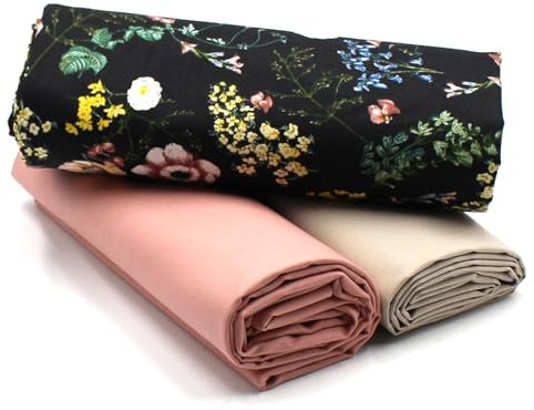 VmG-Store 1,5m Baumwollstoff Set Designstoff + 2x Uni farblich abgestimmt 100% Baumwolle Material Auswahl (Naturalistische Blüten Set40)
