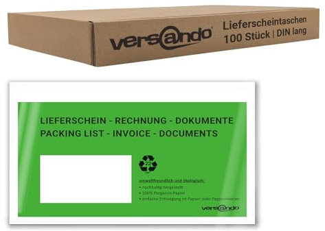 versando 100 ökologische Lieferscheintaschen DIN lang selbstklebend 100% Pergamin Papier folienfrei grün/schwarz bedruckt: Lieferschein/Rechnung