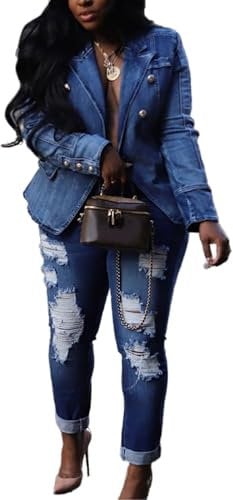 Goolecrimp Women's Waisted Denim Jacket Fashion Trend Lapel Double-Breasted Denim Blazer Elegant Retro Business Casual Office Denim Jacket (Dark Blue,S)