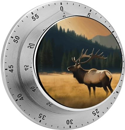 Timer, Elch in der Wiese, visueller Timer, mechanischer Küchentimer, Edelstahl, Countdown-Timer, 60-Minuten-Aufzieh-Timer