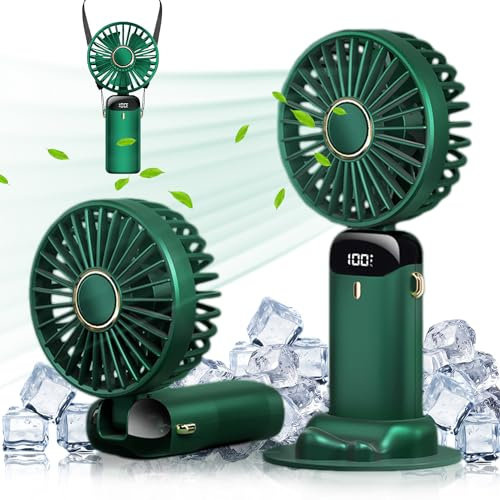 Kukigo Ventilador portátil de mano, ventilador de batería de 5000 mAh con base, 5 velocidades, pantalla LED digital, ventiladores recargables por USB, mini ventiladores plegables para exteriores,