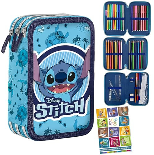 Goldkids - Federmäppchen 3 Fächer - Mäppchen für Mädchen und Jungen - Federmappe 3-Fach Federtasche Gefüllte Schüleretui 43-teilig - Schulmäppchen und Hausaufgabenheft - Stitch Motiv