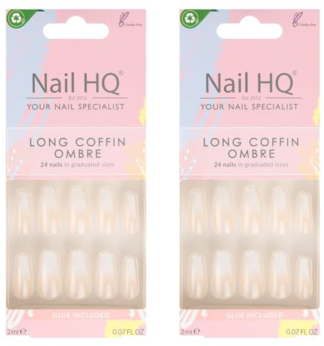 NAIL HQ Long Coffin Ombre Nails, Natural & White (Pack of 2)