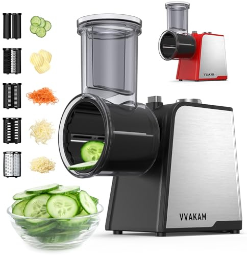 VVAKAM - Cheese Grater, Electric Motor 300W DC Rotary with 5 Different Blade Shapes, Salad Handle for Potatoes, Nuts, Vegetable Cutter with Suction Base