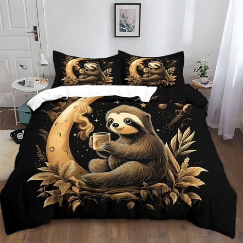 XCQHZYQ Bettwäsche 3teilig 135x200 cm Cartoon-Tier-Faultier-Mondpflanze Bettbezug mit 2 Kissenbezug, Bettwäsche Set Polyester Baumwolle mit Reißverschluss, weich und bügelfrei