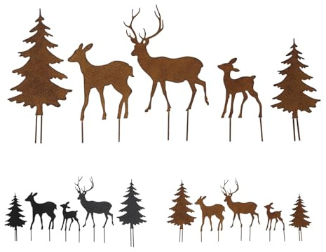 NETPROSHOP 1 Set Hirschfamilie mit Bäumen Gartenstecker Metall Höhe ca. 11-20 cm, Farbe:Rost