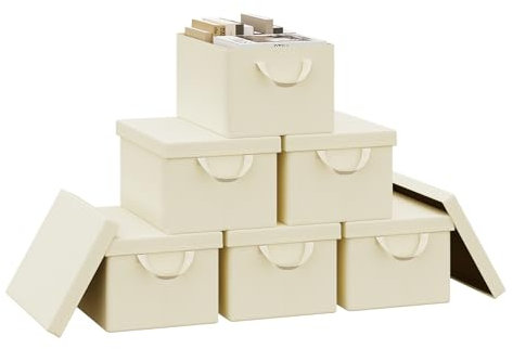 WOLTU Foldable Storage Boxes Set of 6, Fabric Storage Cubes with Metal Frame, Storage Baskets with Lid and Handles, Clothes Organisers for Wardrobe, Study, Children's Room, Bedroom, Cream, 38x27x20cm