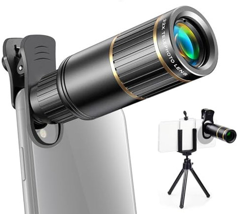 Andoer 22X Phone Telephoto Lens Kit with Phone Holder Lens Clip Eyecap Cleaning Cloth Mini Tripod for Hiking Camping Wildlife Observation Moon Sports Game Concert Watching