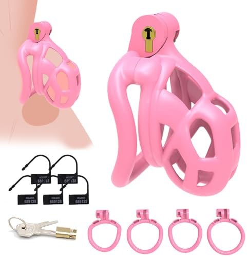 GKLWEJ Cockcage, Peniskäfig mit 4 Penisringe und Schloss, Keuschheitsgürtel Mann, Harz Chastity Cage Männer, Penies Käfig, Chastity Cage, Sex Spielzeug für Die Männer Extrem,Pink,XS