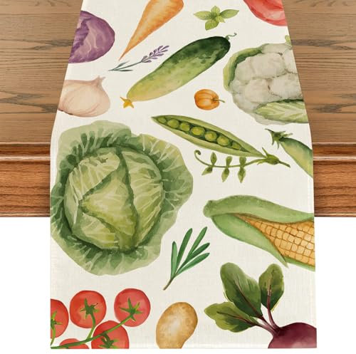 Gemüse Tischläufer, Gesundes Kochen Theme Bunt Tischdeko, Frühling Sommer Herbst Küche Esszimmer Esstisch Dekoration für Drinnen Draußen Urlaub Party Waschbar Wohnkultur Tafeltuch 40 x 140 cm