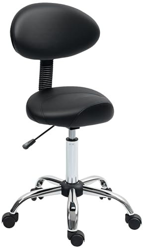 HOMCOM Taburete Giratorio con Ruedas y Respaldo Extraíble de Trabajo con Altura Regulable 83-98 cm Asiento Tapizado de Cuero Sintético Negro