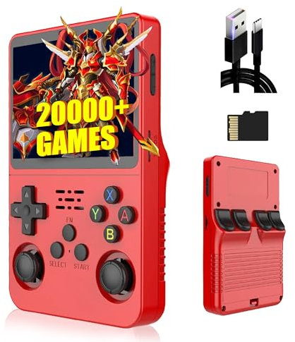R36s Rétro Console de Jeu Portable 64G, 20000+ Jeux intégrés,21 émulateurs,3.5 Pouces IPS écran 640*480P,système Linux Open Source, Mini Émulateur Portable,Cadeau pour Adultes (Rouge)
