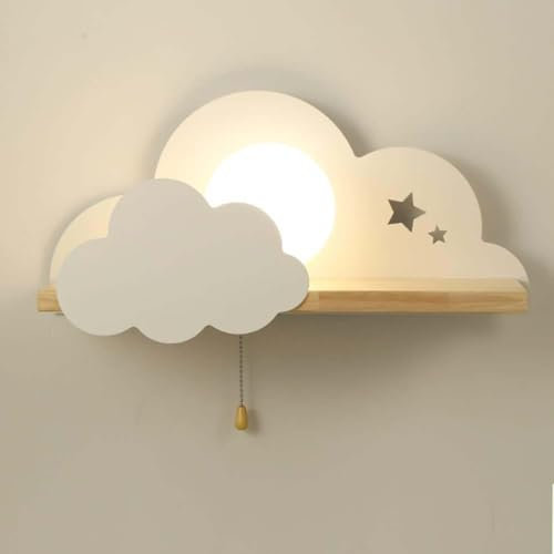 Wolke Wandleuchte mit Schalter, Innen Kinderzimmer Wandlampe E27 mit Glas Lampenschirm Nachttischlampe Kreativ Karikatur Cloud mit Holz Regal Deko Lampe für Jungen Mädchen Schlafzimmer Babyzimmer