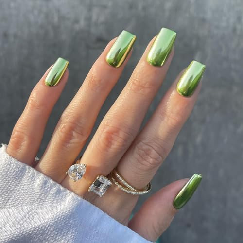 Chrome False Nails Medium, SXVME Metallic Neon Green Press On Nails Medium Short Square, Glitter Shine Fake Nails Short with Mirror Effect for Women Daily & Party Wear