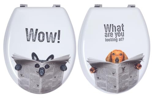MA MAISON 1 WC-Sitz für schnelle Installation, 36 x 43 cm, WC-Sitz, bequemer Sitz, leicht zu reinigen, Muster mit Hund, antibakteriell, Befestigungshaken aus Metall