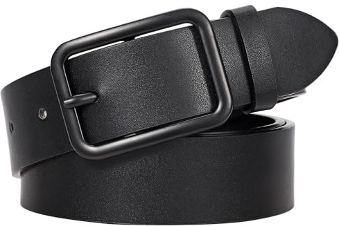 LEACOOLKEY Cintura Da Donna in Pelle Nera Con Classica Fibbia Quadrata, Cintura Da Donna per Pantaloni Jeans, Larghezza 3,3 cm,A-Nero(fibbia nera),120cm(Misura vita 90cm-102cm)